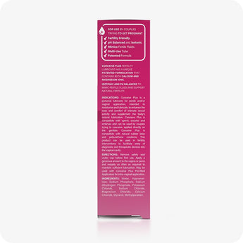 Conceive Plus Fertility Lubricant (2.5 fl. oz) side of retail box displaying detailed product description, usage instructions, patented formula benefits, and full ingredient list on pink background, designed for couples planning to conceive with a focus on calcium and magnesium support.