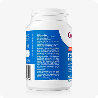 For Conceive Plus Fertility Support Bundle for Him and Her, side view of men's fertility support supplement bottle showing product warnings, storage instructions, barcode, distribution details for USA, UK, and Asia, and net weight of 42g—designed to inform consumers about safe usage and manufacturer information.