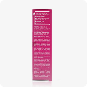 For Conceive Plus Try Me Size Bundle (30ml Tube and 3x4g Applicators), image of 30ml fertility lubricant box side panel showing detailed product information, including fertility benefits, usage directions, patented formula claims, and full list of ingredients, printed in white text on a magenta background.