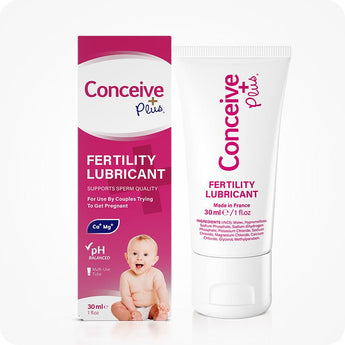 For Conceive Plus Try Me Size Bundle (30ml Tube and 3x4g Applicators), image of 30ml fertility lubricant tube beside its matching magenta and white box, both showing product benefits, baby image, and bold branding, set against a minimal white background.