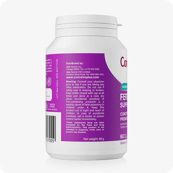 For Conceive Plus Women's Fertility Support and Fertility Lubricant Bundle, showing side label of fertility supplement bottle, including distributor details, product warnings, barcode, and FDA disclaimer, with purple and white branding displayed on bottle's curved surface.